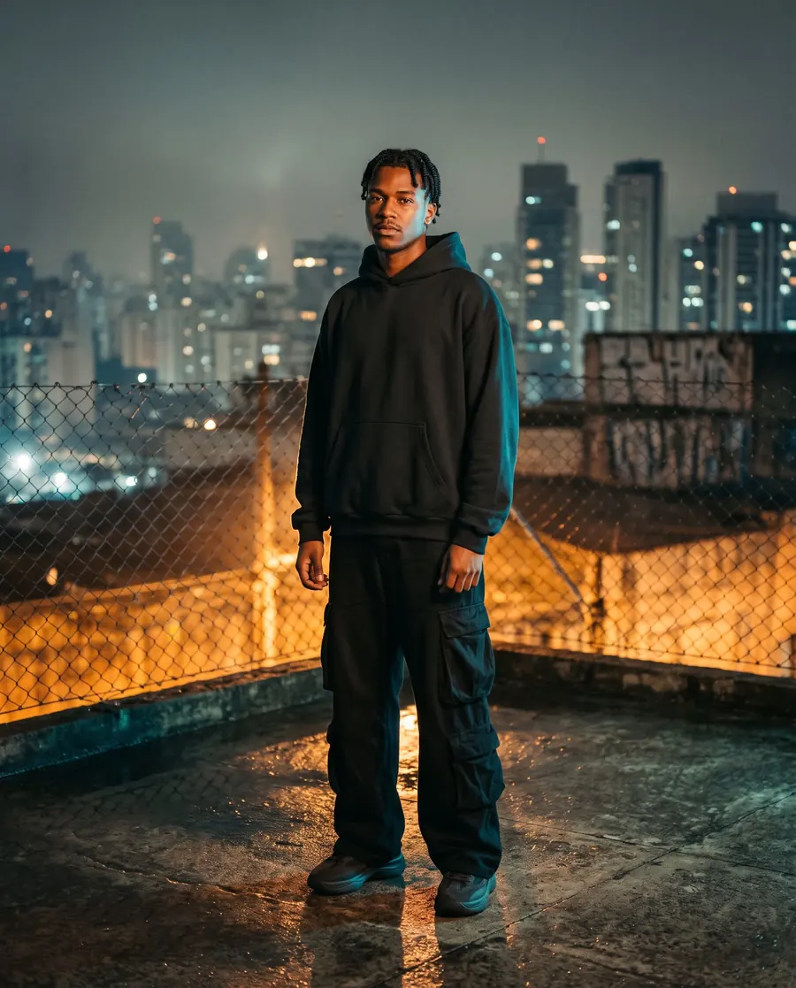 Jovem com moletom preto oversized e calça cargo numa laje de São Paulo à noite