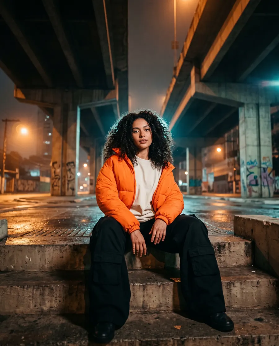 Jovem com puffer laranja sentada na escada sob um viaduto