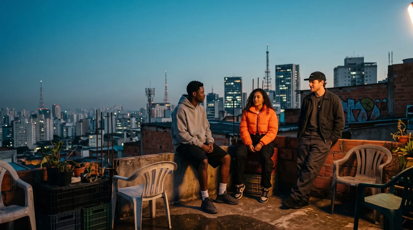 Três amigos com roupas do drop numa laje com a cidade ao fundo